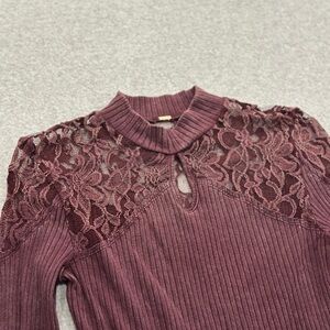 Free People Boho Ribbed Top with Floral Lace & Keyhole Neckline